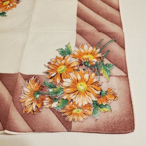 Vtg Floral Handkerchief Orange Daisey Brown Green 11"x12" Retro Fall Colors - Picture 2 of 8